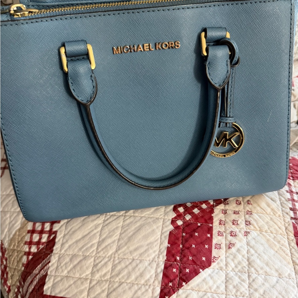Michael Kors Blue Satchel with Gold Details